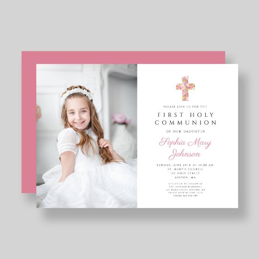 ピンクフローラクロスガール第一聖体写真 招待状