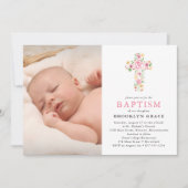 ピンクフローラクロスバプティスフォト招待状 招待状 (正面)