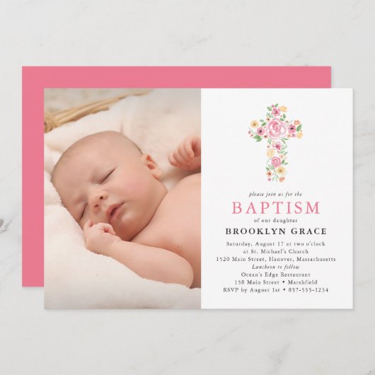 ピンクフローラクロスバプティスフォト招待状 招待状 (正面/裏面)