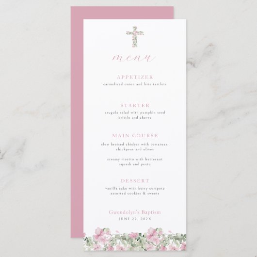 ピンクフローラクロスバプティスメニューガール《キリスト教》洗礼式や命名式 メニュー (正面/裏面)