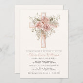 ピンクフローラクロスバプテスマ招待状 招待状 (正面/裏面)