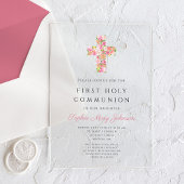 ピンクフローラクロス宗教第1聖餐式 アクリル招待状
