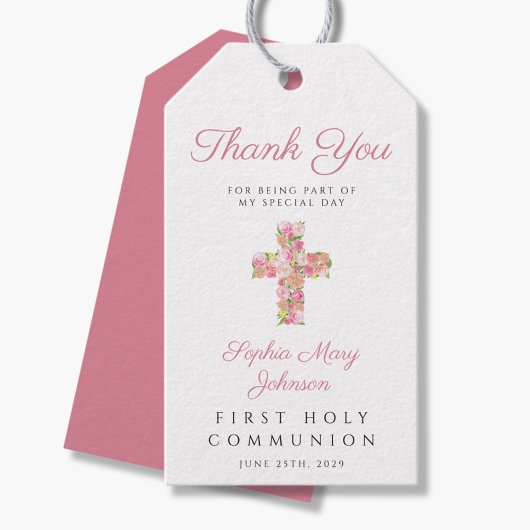 ピンクフローラクロス宗教第1聖餐式 ギフトタグ