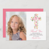 ピンクフローラクロス最初の聖餐式ありがとう サンキューカード (正面/裏面)