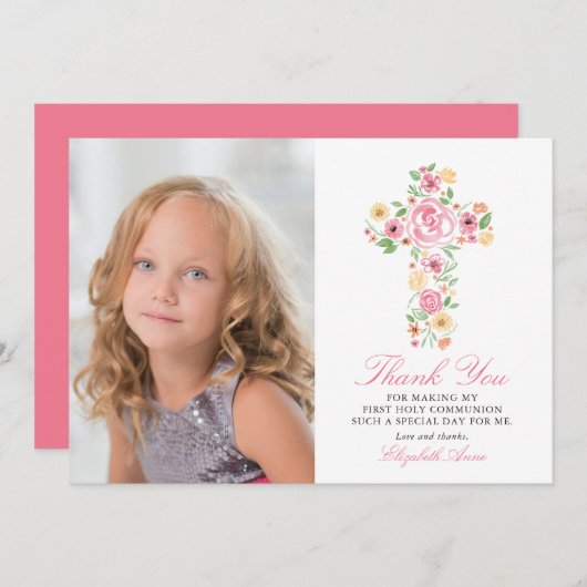ピンクフローラクロス最初の聖餐式ありがとう サンキューカード (正面/裏面)