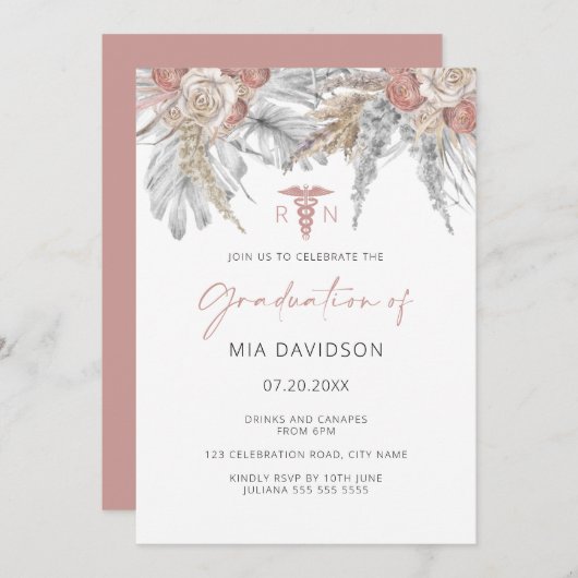 ピンクフローラグラードパーティーナース卒業 招待状 (正面/裏面)