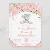 ピンクフローラグリッターかわいい象の女の子ベビーシャワー 招待状 (正面/裏面)