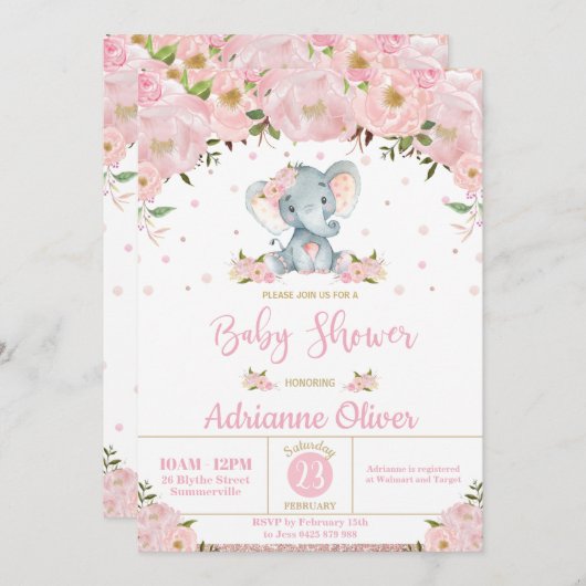 ピンクフローラグリッターかわいい象の女の子ベビーシャワー 招待状 (正面/裏面)