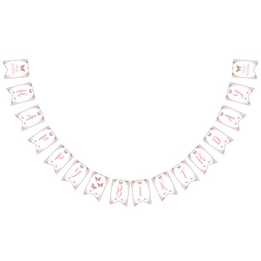 ピンクフローラグリッターバタフライ誕生日バナー バンティングフラッグ (全)