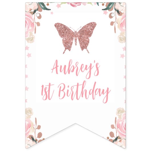 ピンクフローラグリッターバタフライ誕生日バナー バンティングフラッグ (第1の旗)