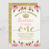 ピンクフローラグリッタープリンセスクラウン1st誕生日 招待状 (正面/裏面)