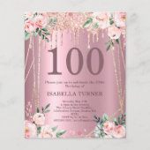 ピンクフローラグリッター予算100誕生日招待状 (正面)