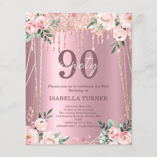 ピンクフローラグリッター予算90誕生日招待状 (正面)