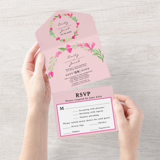 ピンクフローラグリーナリーライトピンクシック結婚式RSVP オールインワン招待状 (貼ってはがせる)