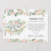 ピンクフローラグリーンリーかわいいコアラベイビーシャワーガール サンキューカード (正面/裏面)