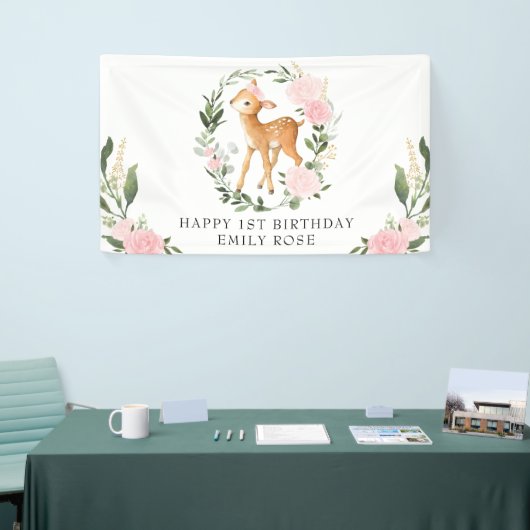 ピンクフローラグリーンリーウッドランドディアファースト誕生日 横断幕 (トレードショー)