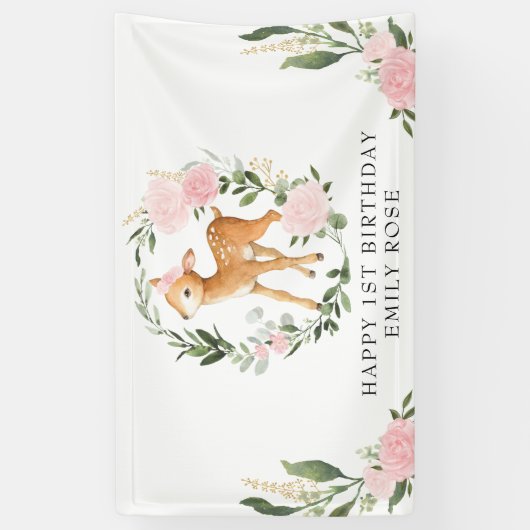 ピンクフローラグリーンリーウッドランドディアファースト誕生日 横断幕 (縦)