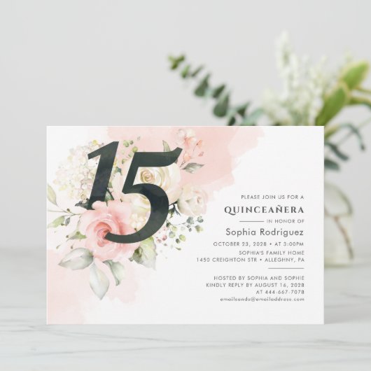 ピンクフローラグリーンリーキンセアニェラ15誕生日 招待状 (スタンド正面)