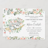 ピンクフローラグリーンリーコアラツインガールズベビーシャワー  招待状 (正面/裏面)