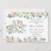 ピンクフローラグリーンリーコアラベビーシャワーツインガールズ 招待状 (正面)