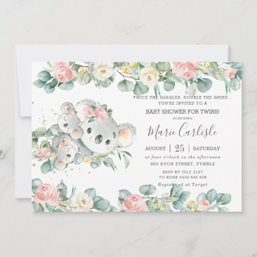 ピンクフローラグリーンリーコアラベビーシャワーツインガールズ 招待状 (正面)