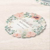 ピンクフローラグリーンリーフ金ゴールドグリッター誕生日 ペーパーコースター (アングル)
