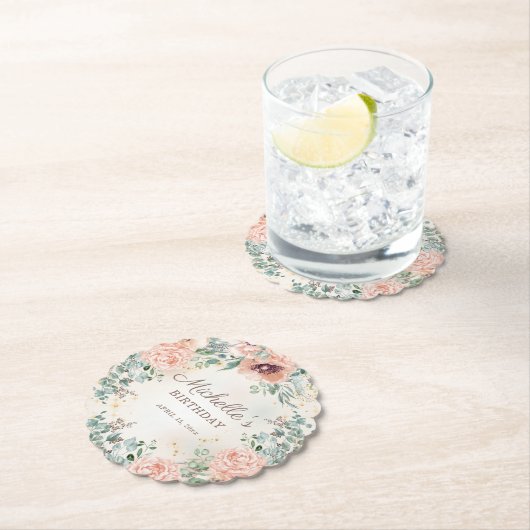 ピンクフローラグリーンリーフ金ゴールドグリッター誕生日 ペーパーコースター (インサイチュ)