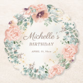 ピンクフローラグリーンリーフ金ゴールドグリッター誕生日 ペーパーコースター (正面)