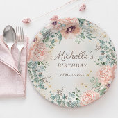 ピンクフローラグリーンリーフ金ゴールドグリッター誕生日 ペーパープレート