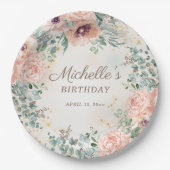 ピンクフローラグリーンリーフ金ゴールドグリッター誕生日 ペーパープレート (正面)