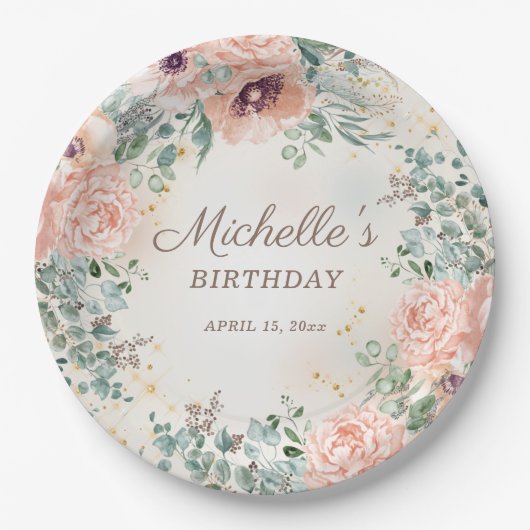ピンクフローラグリーンリーフ金ゴールドグリッター誕生日 ペーパープレート (正面)