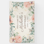 ピンクフローラグリーンリーフ金ゴールドグリッター誕生日 横断幕 (縦)