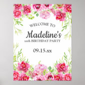 ピンクフローラグリーンリーホワイトバースデーパーティーのポスター ポスター (正面)