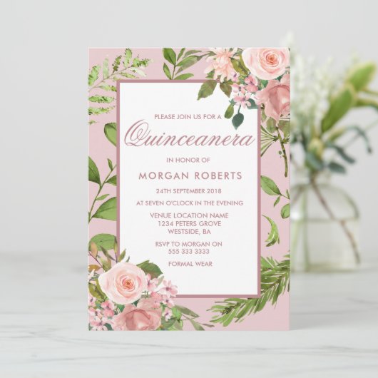 ピンクフローラグリーンリーリーフキンセアニェラ招待状 招待状 (スタンド正面)