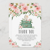 ピンクフローラグリーンリー冒険ベビーシャワートラベル サンキューカード (正面/裏面)