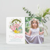 ピンクフローラケトルレモンティーパーティーガール誕生日 招待状 (スタンド正面)
