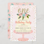 ピンクフローラケーキガール1st誕生日招待状 招待状 (正面/裏面)