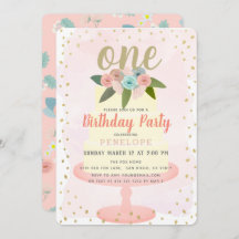 ピンクフローラケーキガール1st誕生日招待状