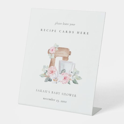 ピンクフローラケーキミキサーレシピカードベビーシャワー 台座サイン (正面)