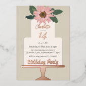 ピンクフローラケーキ誕生日パーティーシルバー 箔招待状 (正面)