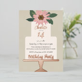 ピンクフローラケーキ誕生日パーティーシルバー 箔招待状 (立ち正面)