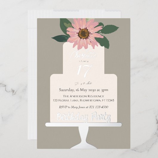 ピンクフローラケーキ誕生日パーティーシルバー 箔招待状 (封筒)