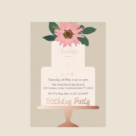 ピンクフローラケーキ誕生日パーティーシルバー 箔招待状