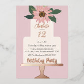 ピンクフローラケーキ誕生日パーティーシルバー 箔招待状 (正面)