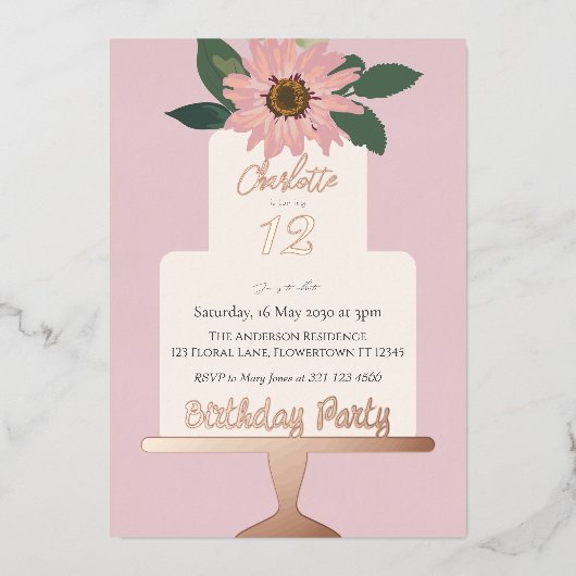 ピンクフローラケーキ誕生日パーティーシルバー 箔招待状 (正面)