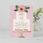 ピンクフローラケーキ誕生日パーティーシルバー 箔招待状 (立ち正面)