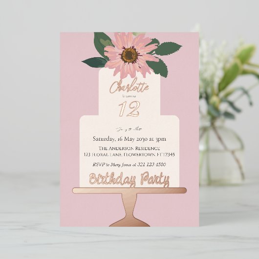 ピンクフローラケーキ誕生日パーティーシルバー 箔招待状 (立ち正面)