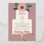 ピンクフローラケーキ誕生日パーティーバラ金ゴールド 箔招待状 (正面)