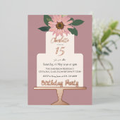 ピンクフローラケーキ誕生日パーティーバラ金ゴールド 箔招待状 (立ち正面)
