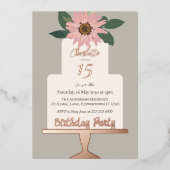 ピンクフローラケーキ誕生日パーティーバラ金ゴールド 箔招待状 (正面)